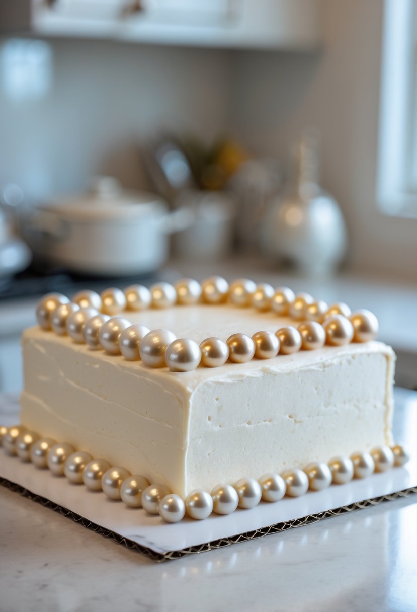 A square cake decorated with white frosting and shiny gold and silver edible pearls on a kitchen countertop.