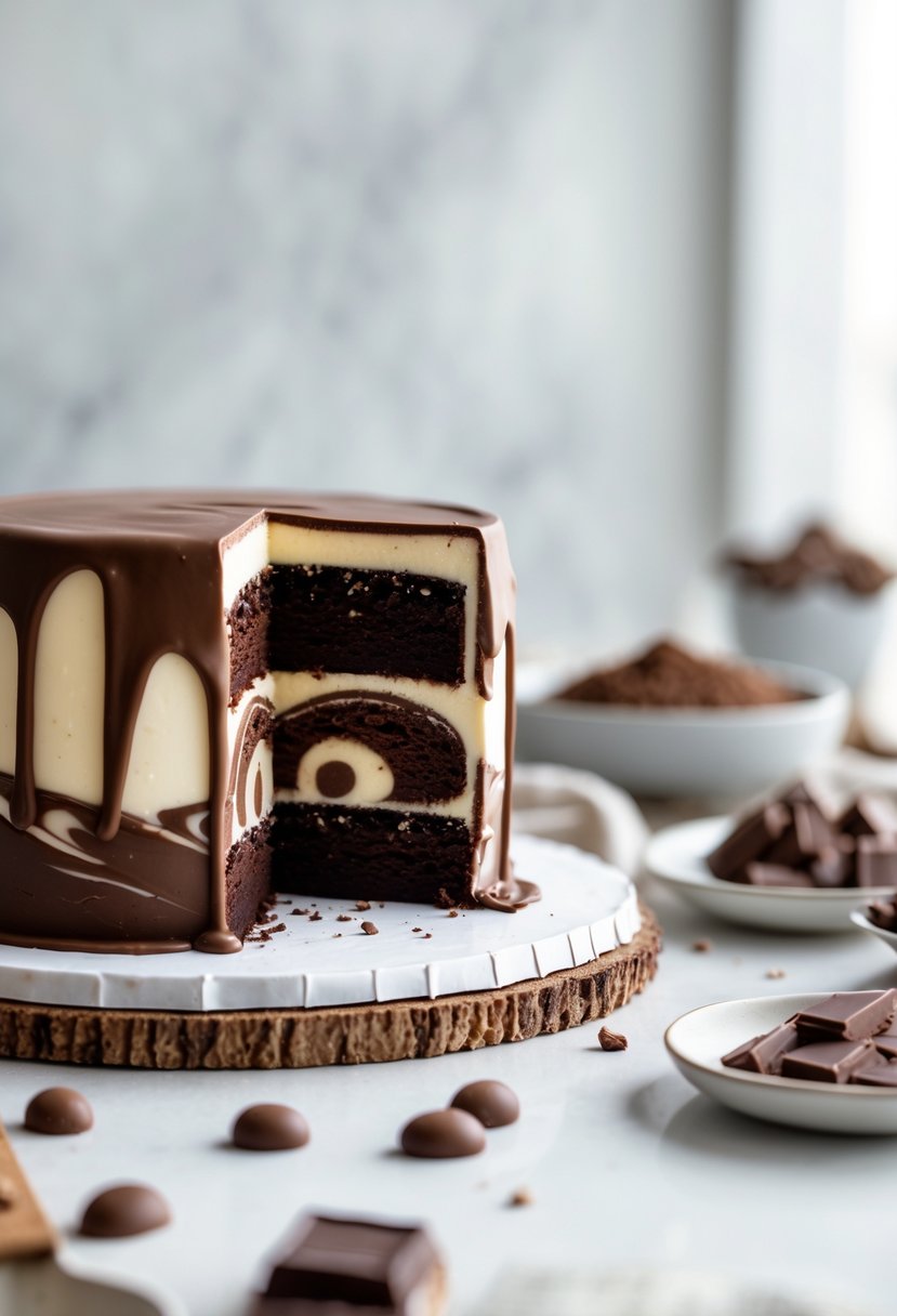 Close-up of a sliced chocolate cake with marbled layers and glossy chocolate coating on a cake stand.