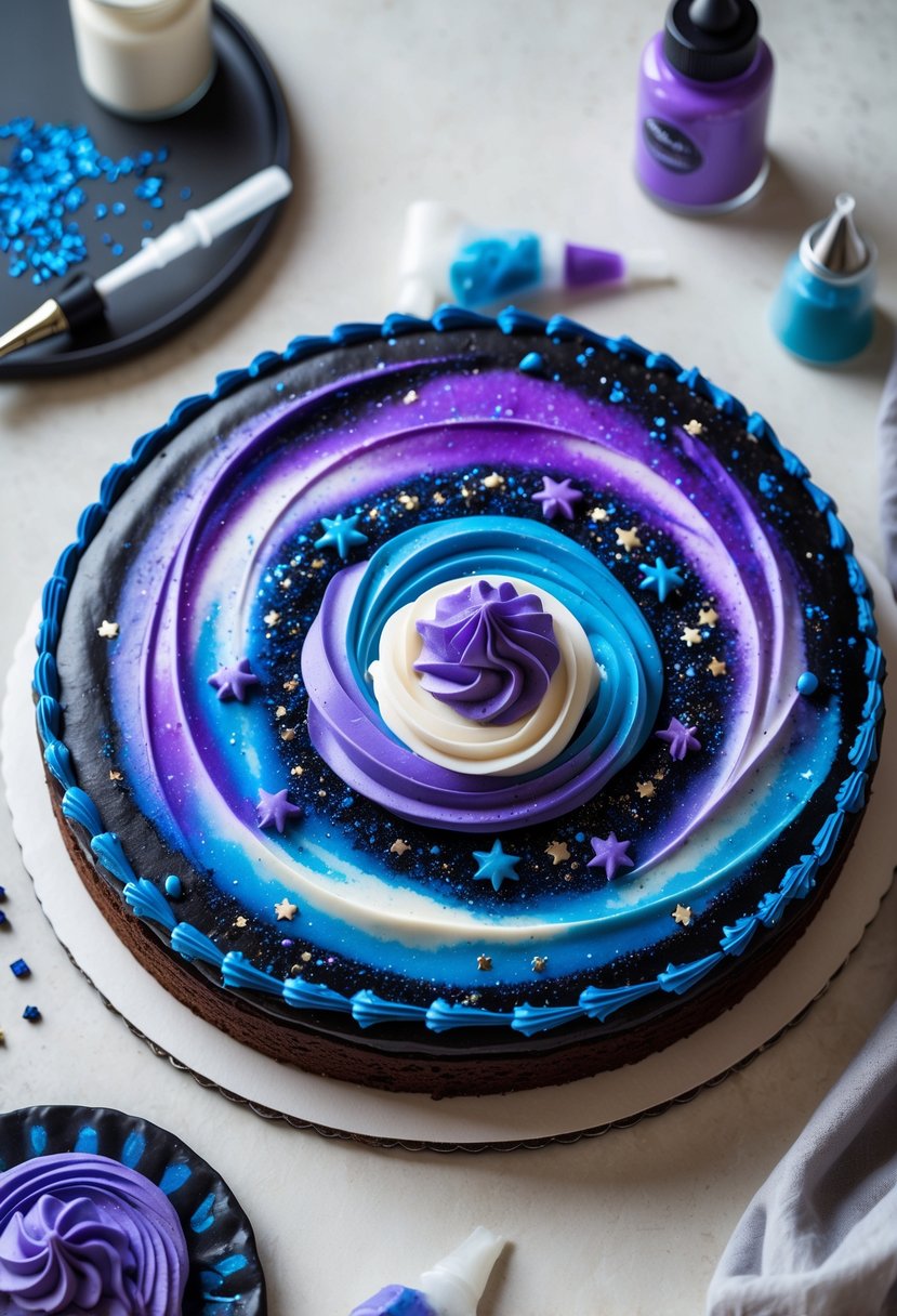 A round cookie cake decorated with a galaxy swirl pattern in blue, purple, and black colors, placed on a neutral background with decorating tools nearby.
