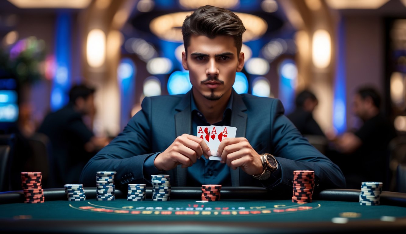 Seorang pria muda duduk di meja poker dengan kartu di tangan dan tumpukan chip di depan, terlihat fokus dan percaya diri dalam suasana kasino.