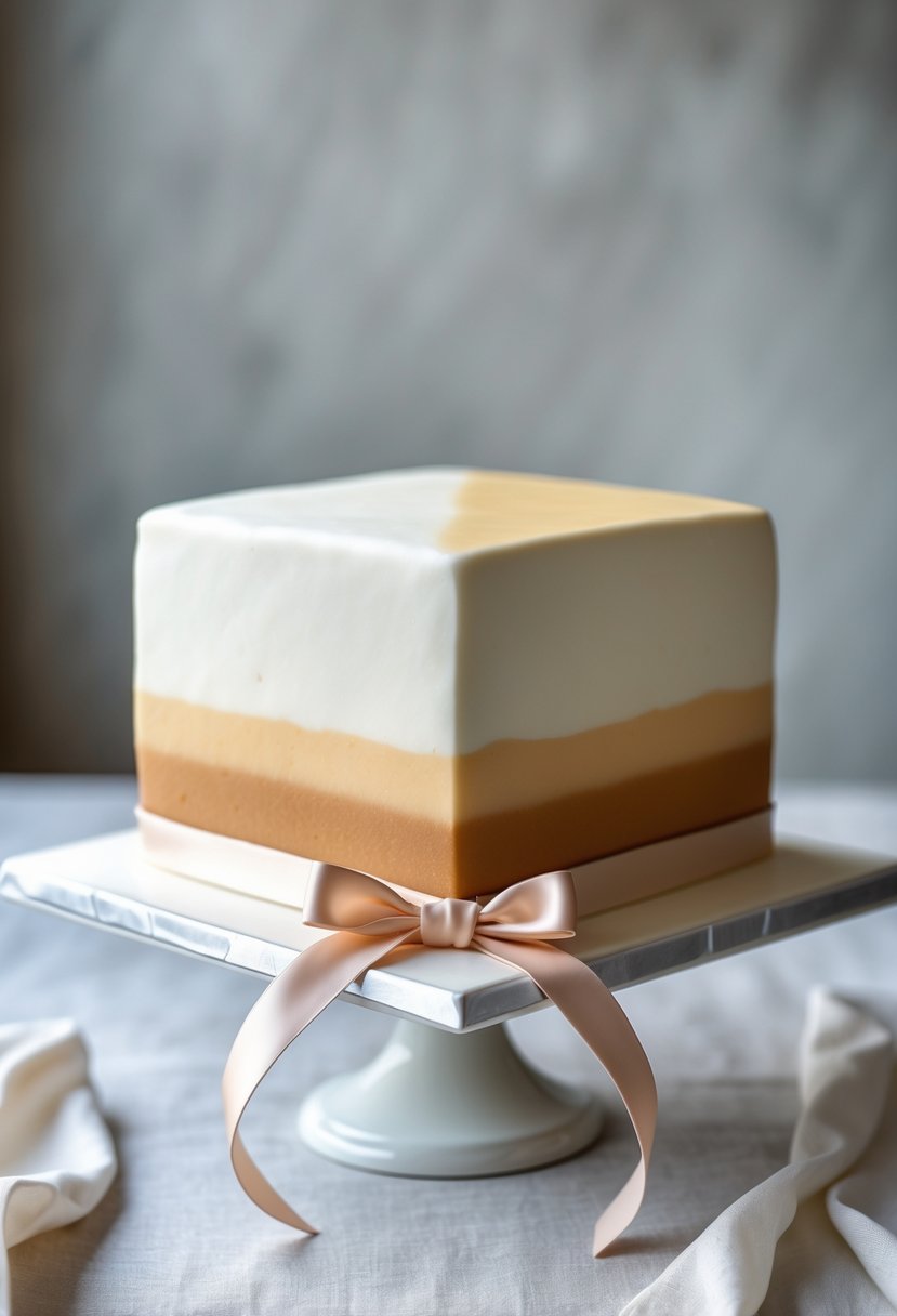 Square cake with two-tone fondant and a delicate ribbon bow on a white cake stand.