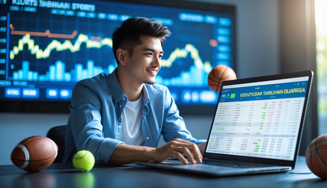 Seorang pria muda duduk di meja dengan laptop yang menampilkan statistik taruhan olahraga, dikelilingi bola olahraga dan layar digital dengan grafik keuangan di latar belakang.