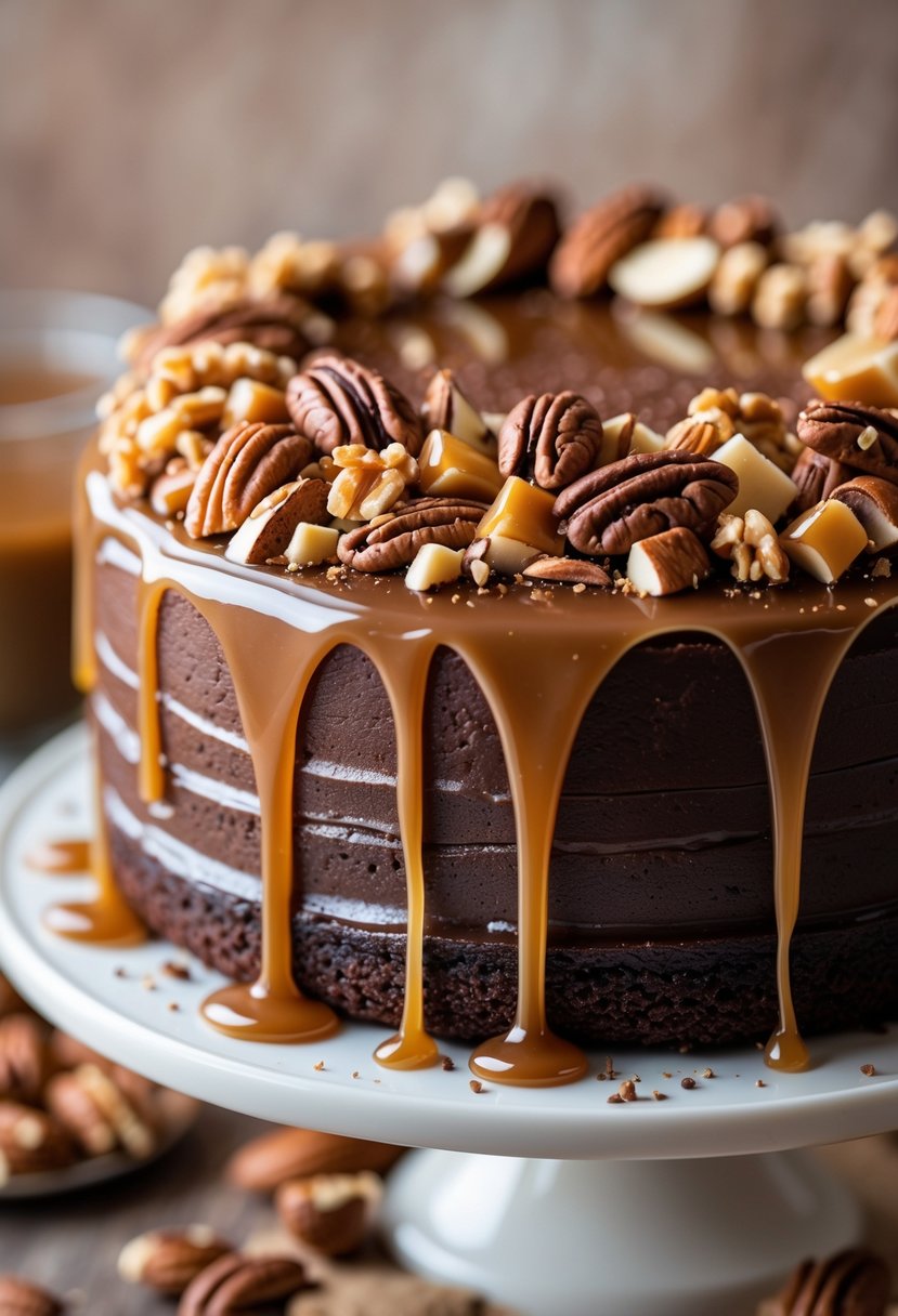 Close-up of a chocolate cake topped with caramel drizzle and chopped nuts on a blurred neutral background.