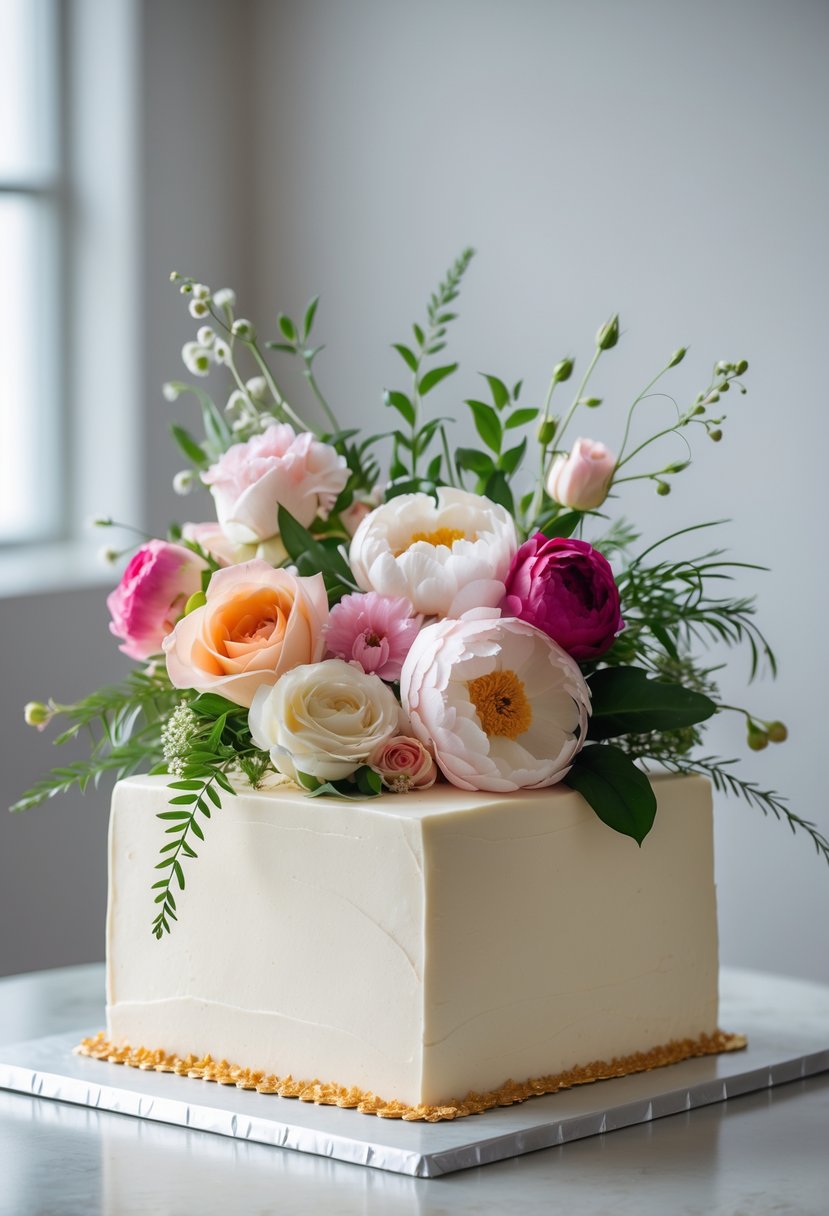 A square cake decorated with fresh flowers on top, placed on a clean surface.