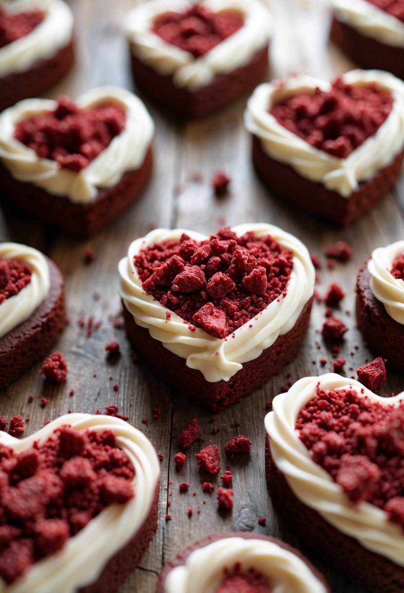 Heart-shaped cookie cakes decorated with red velvet crumbs on a wooden surface.