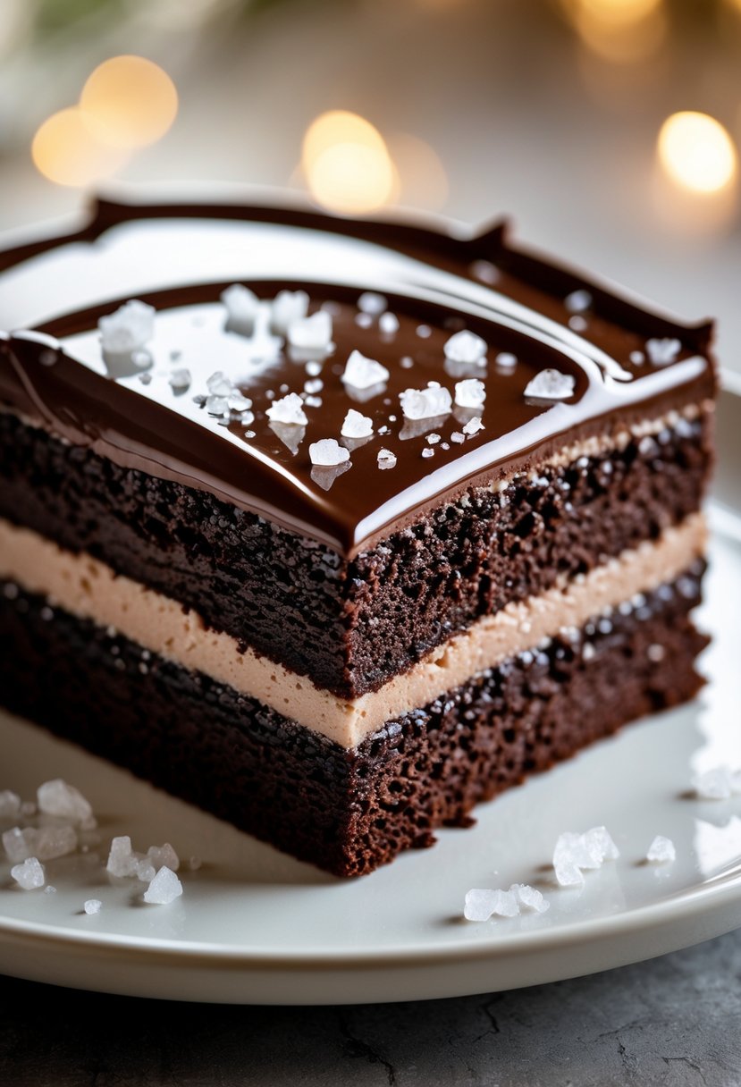 A close-up of a slice of chocolate cake with shiny chocolate glaze topped with coarse sea salt on a white plate.