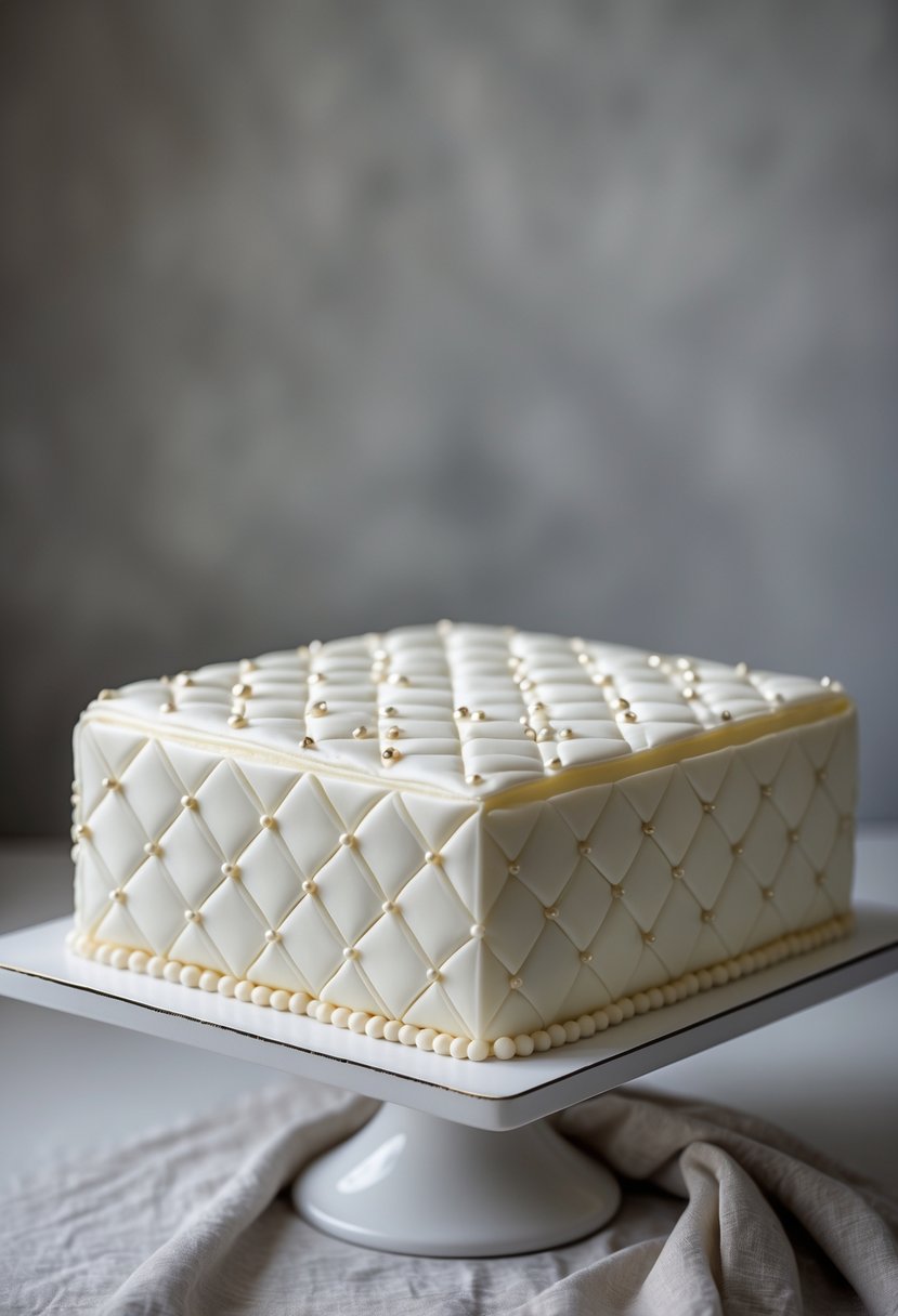 A square cake decorated with textured quilting and small sugar pearls on a white cake stand.