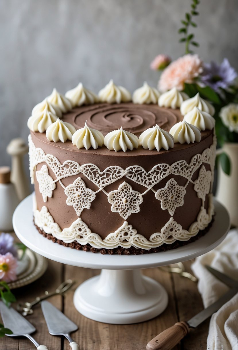 A chocolate cake decorated with intricate white lace-like buttercream patterns on a white cake stand with flowers and cake decorating tools nearby.