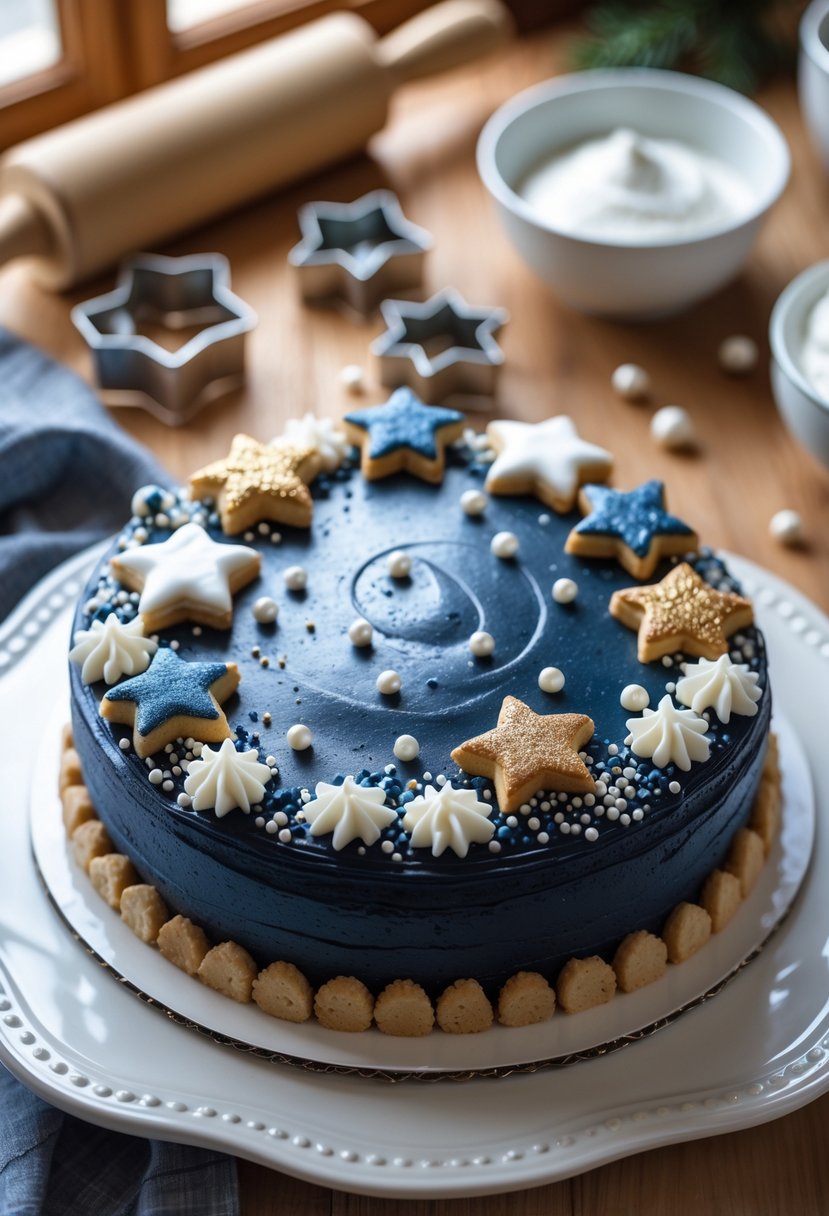 A round cookie cake decorated with blue frosting and edible silver and gold stars on a white plate on a wooden table.
