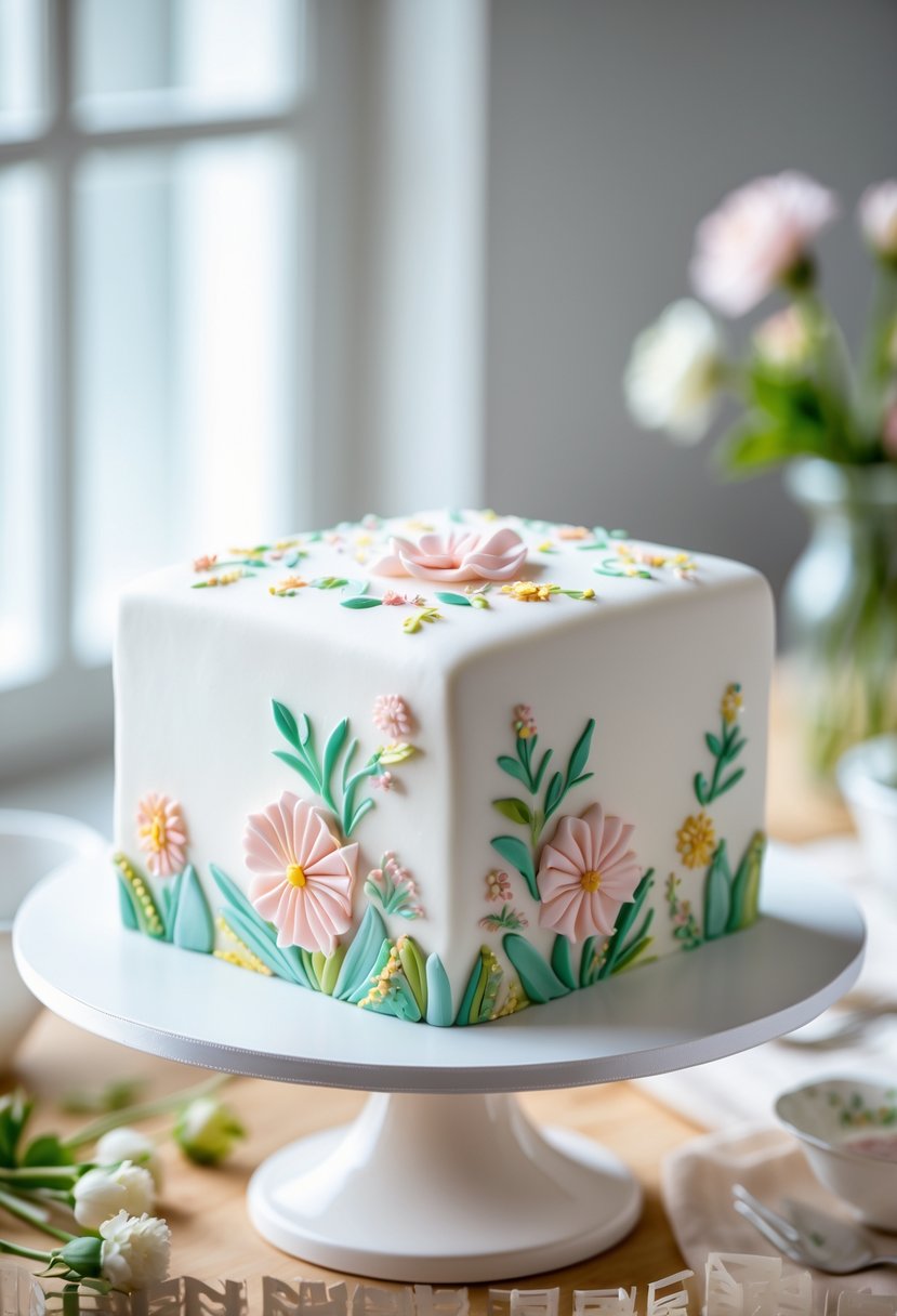 A square cake covered in smooth white fondant with colorful hand-painted floral and geometric designs, displayed on a white cake stand on a wooden table.