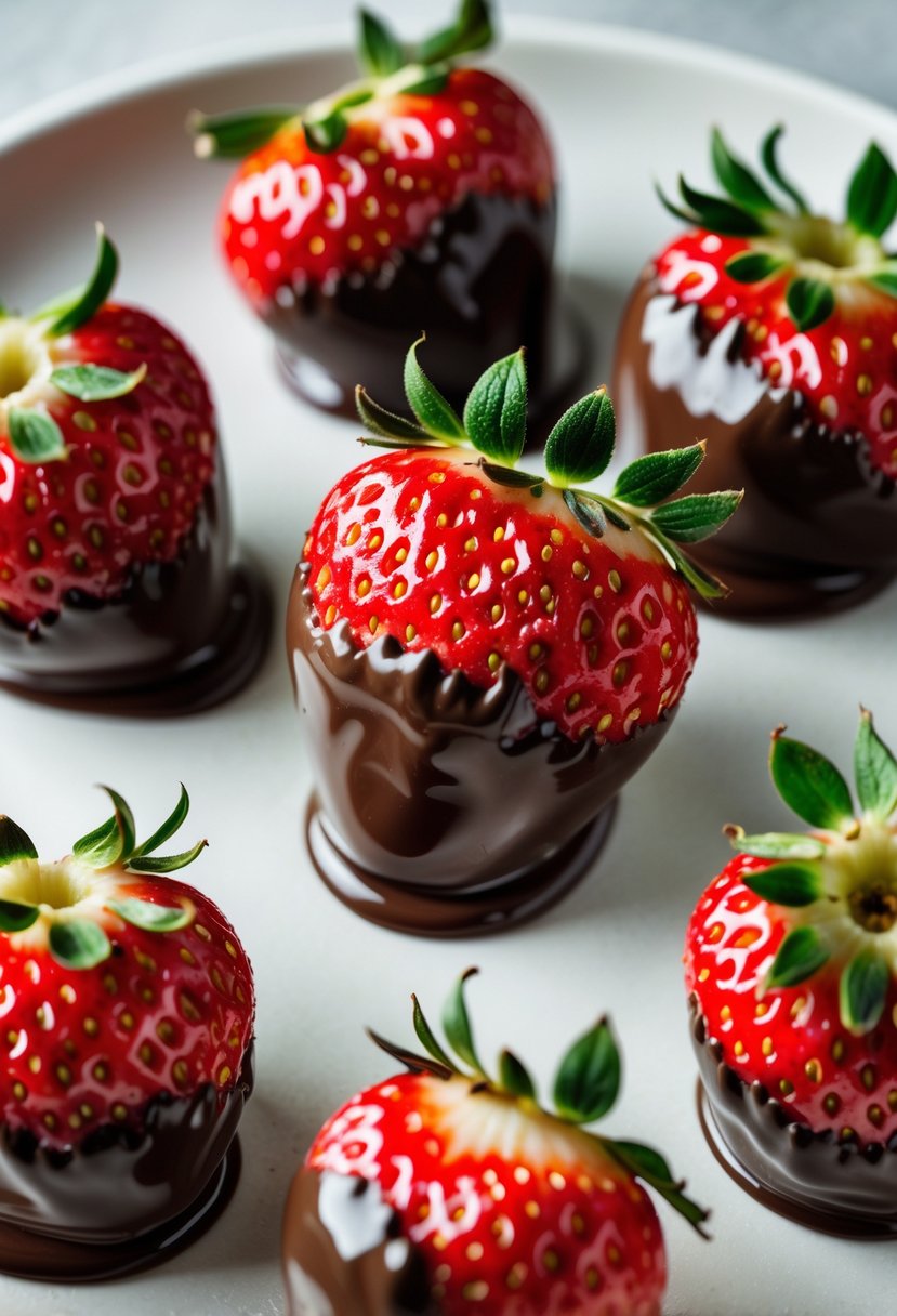 Close-up of fresh strawberries dipped in dark chocolate ganache arranged on a white plate.