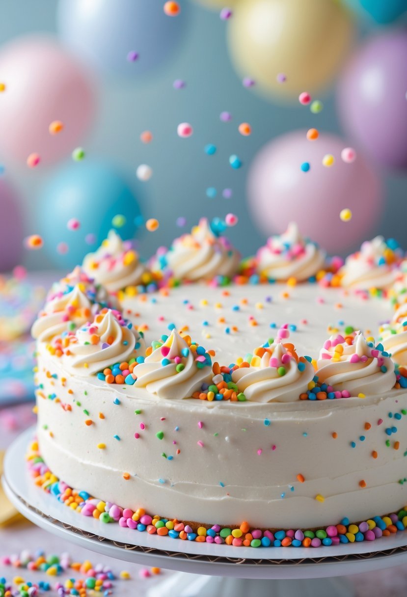 A birthday cake with white frosting covered in colorful sprinkles on a blurred pastel background.