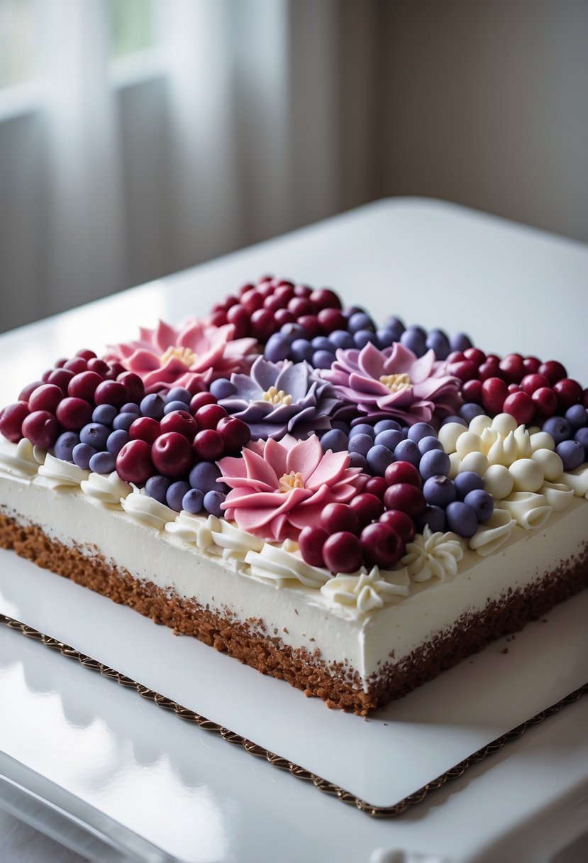 A large rectangular sheet cake decorated with colorful berry-themed floral frosting designs on a white surface.