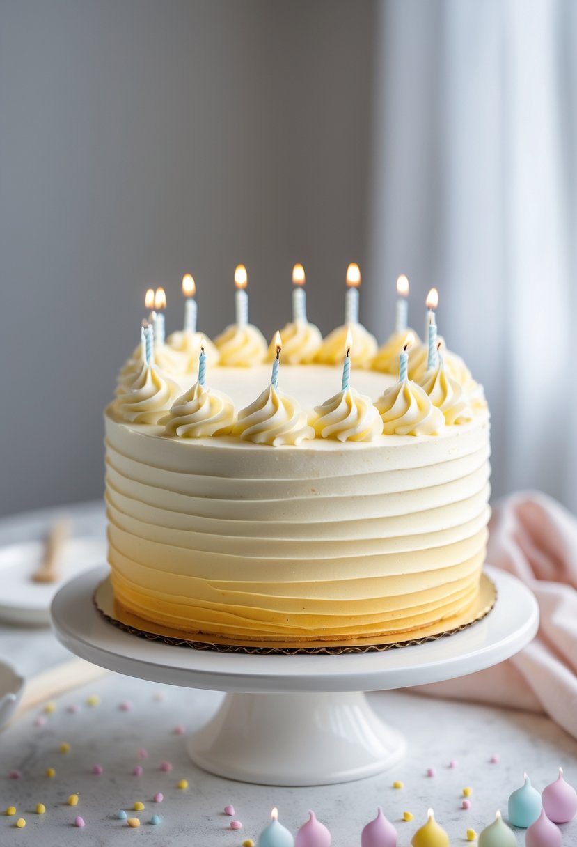A birthday cake decorated with smooth buttercream frosting in a gradient of light to darker yellow shades, displayed on a white cake stand.