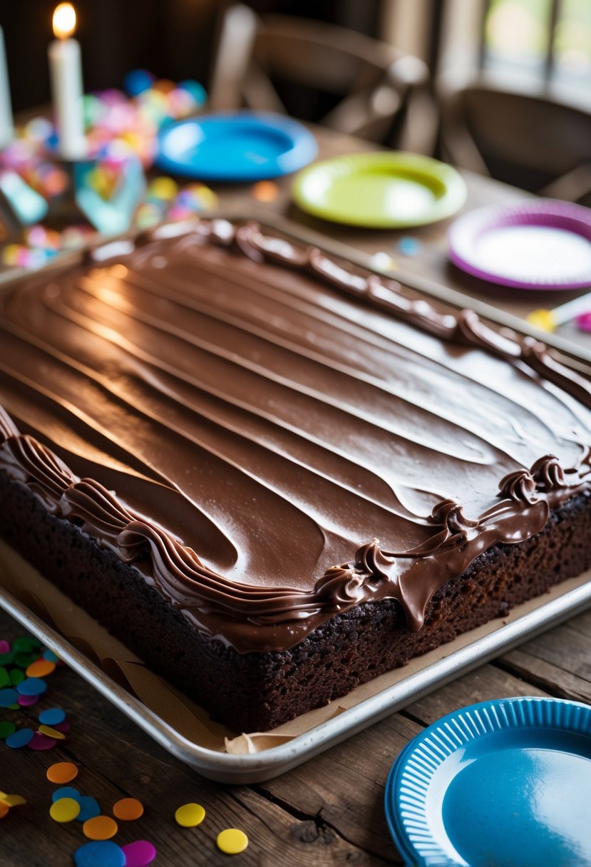 A rectangular Texas sheet cake with smooth chocolate icing on a wooden table surrounded by party decorations.