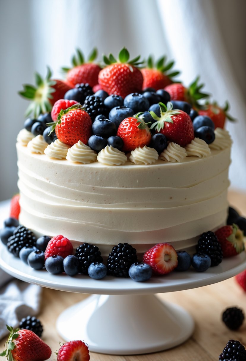 A birthday cake topped with fresh berries on a cake stand on a wooden table.
