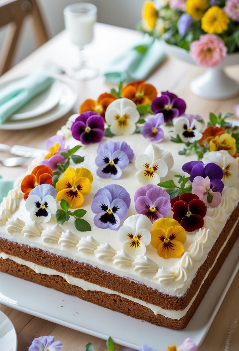 A rectangular sheet cake topped with colorful edible flowers on a white platter, set on a wooden table with soft natural lighting.