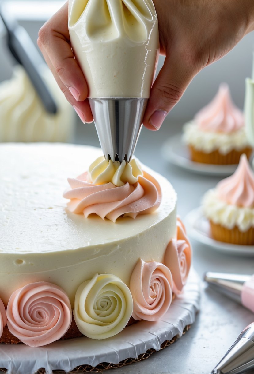 A hand decorating a birthday cake with rosette frosting using a piping bag with a star tip.