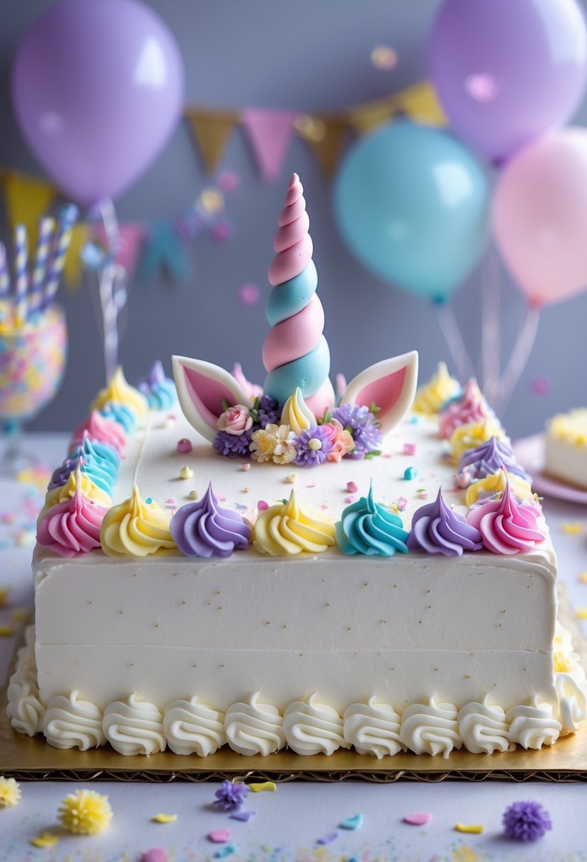 A large rectangular sheet cake decorated with colorful pastel swirls and a unicorn horn centerpiece on a party table.