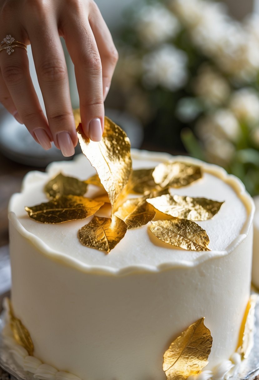 A hand placing edible gold leaf on a decorated birthday cake.