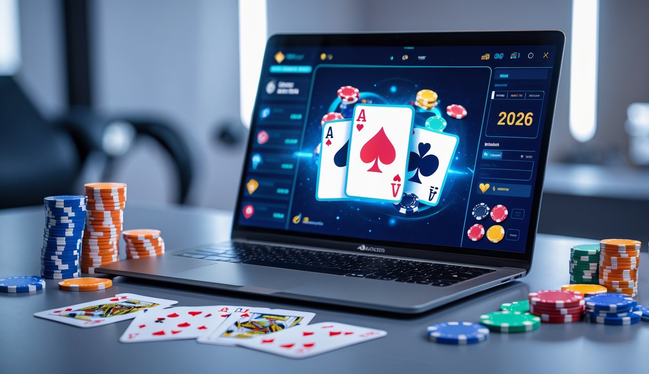 Sebuah laptop modern dengan tampilan permainan poker online, dikelilingi oleh chip poker dan kartu di atas meja yang rapi.