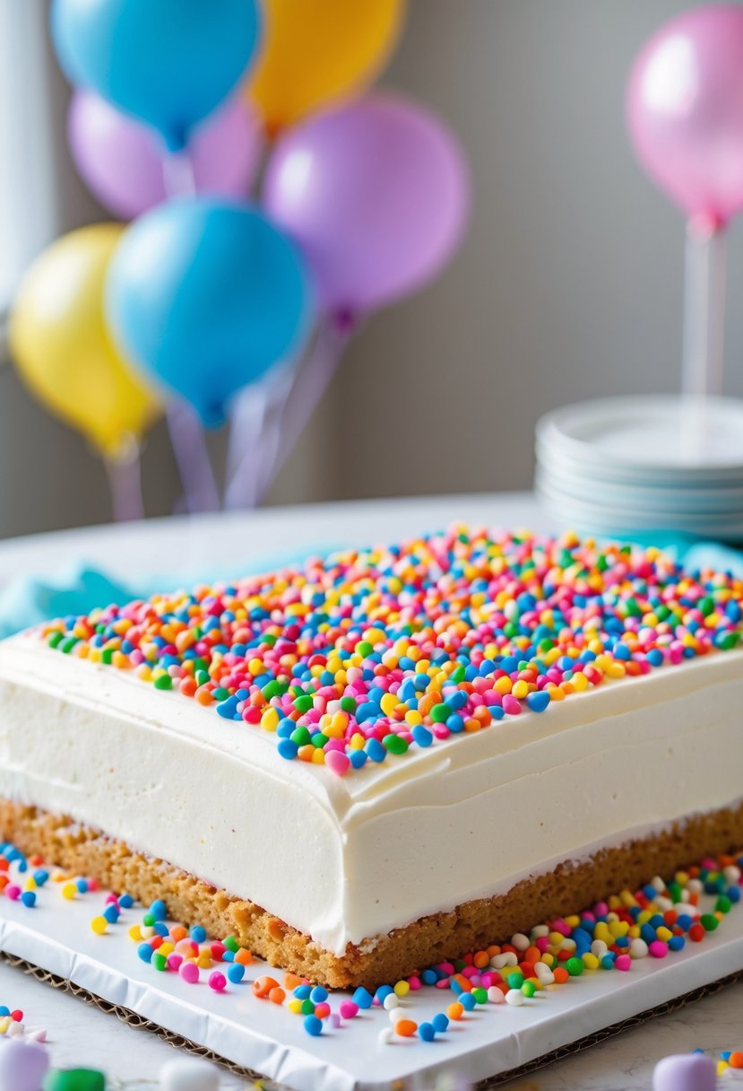 A rectangular birthday sheet cake with white frosting and colorful sprinkles on top, placed on a plate with a blurred party background.