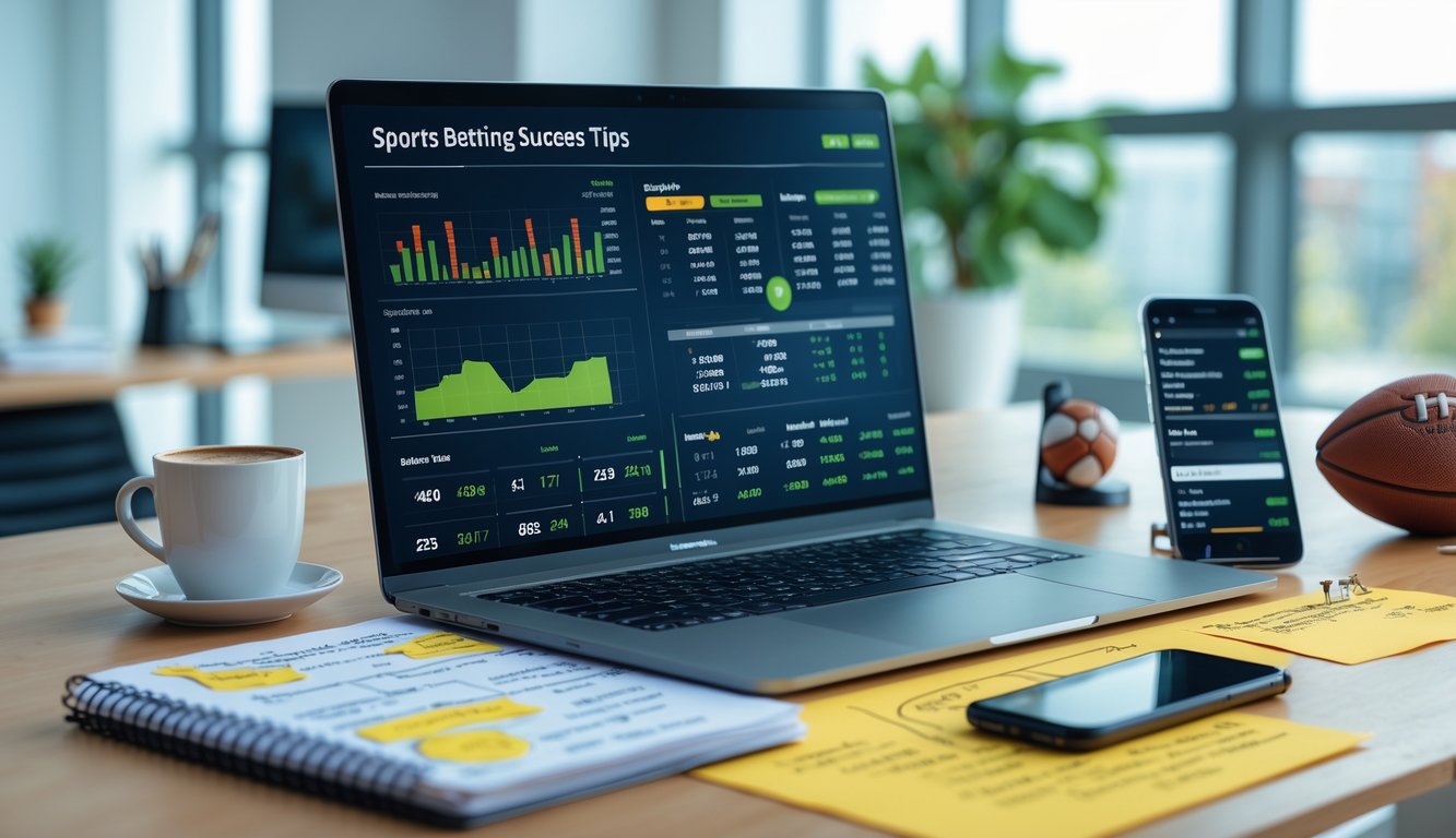 Meja kerja dengan laptop, ponsel, dan buku catatan yang menampilkan data taruhan olahraga dan strategi.