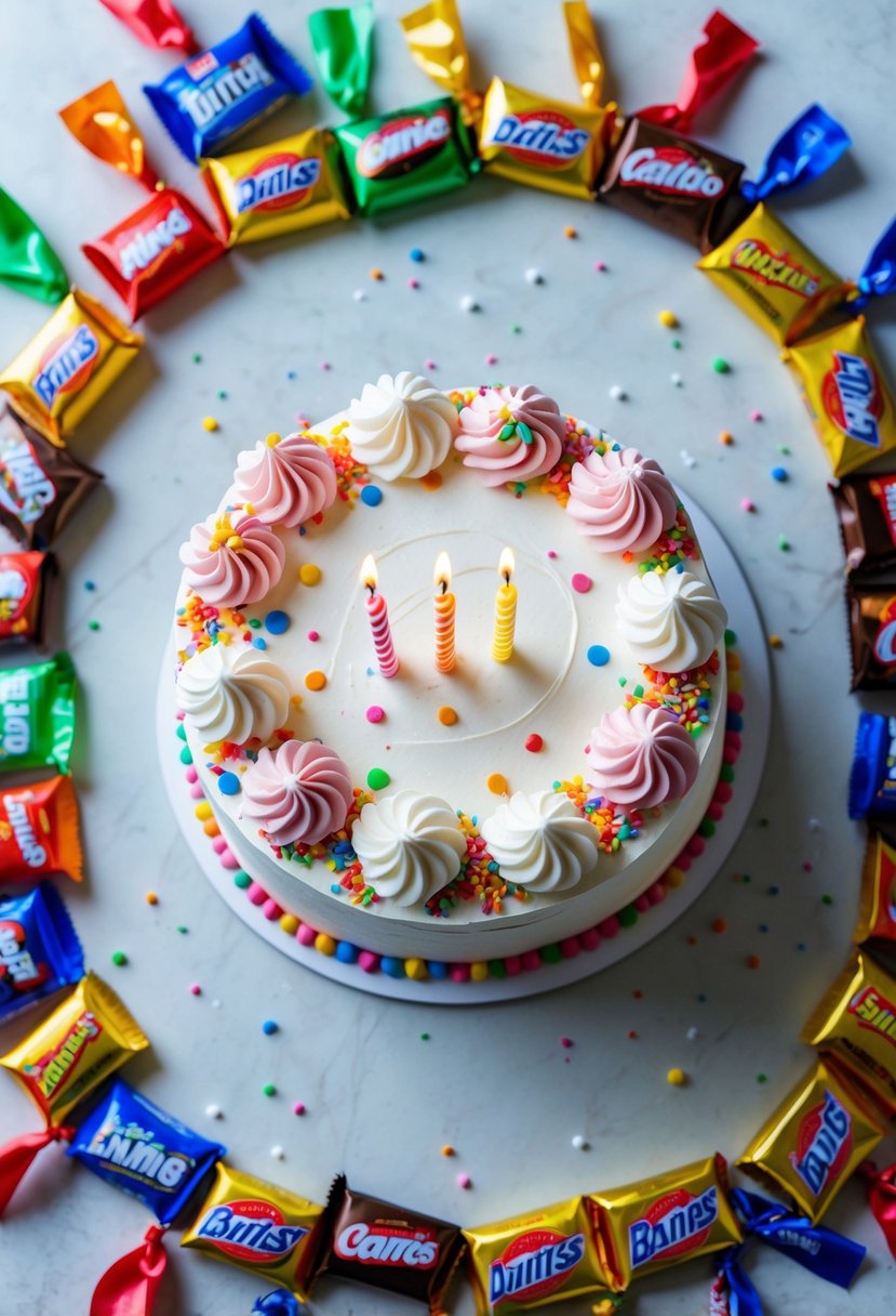 Top-down view of a decorated birthday cake surrounded by candy bars arranged around the edges.