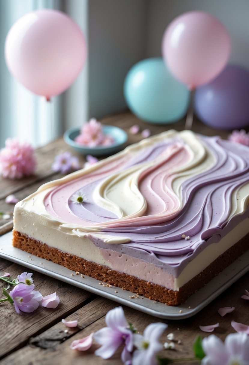A marbled frosting sheet cake with pastel swirls on a wooden table surrounded by subtle party decorations.