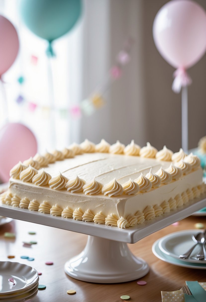 A rectangular sheet cake with a piped rosettes border on a white cake stand on a wooden table, with blurred party decorations in the background.