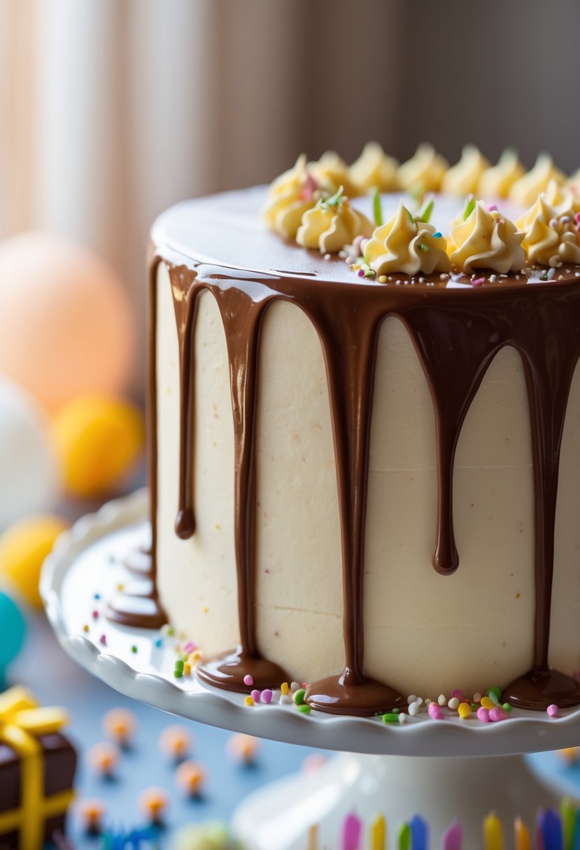 Close-up of a birthday cake with melted chocolate or colored glaze dripping down the sides.
