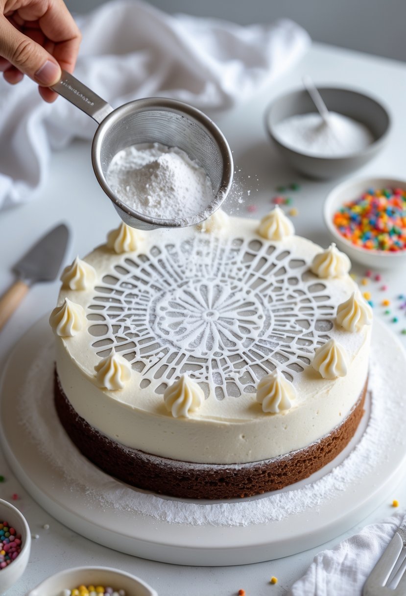 Close-up of a birthday cake being decorated with powdered sugar using a stencil on top.