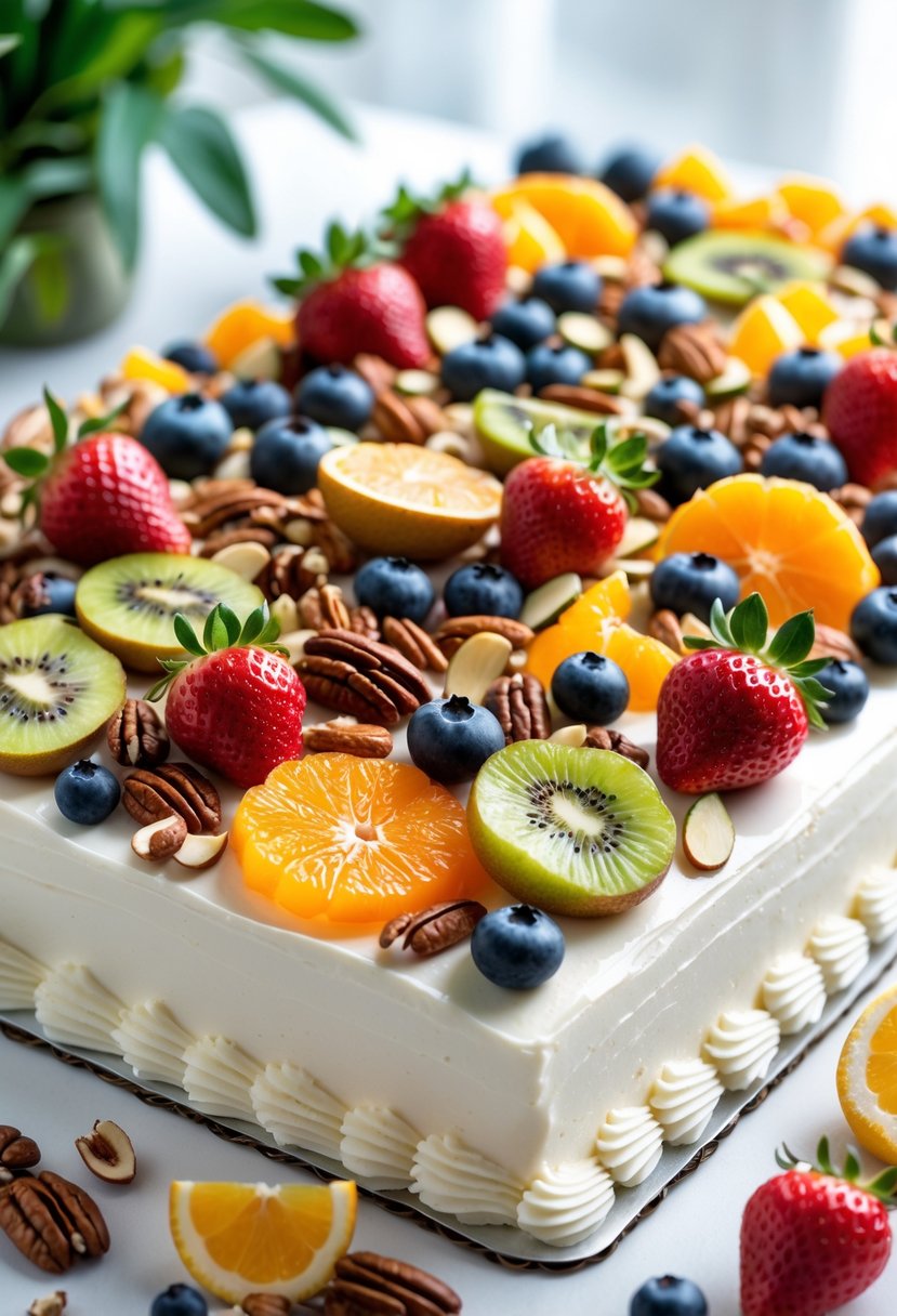 A rectangular sheet cake topped with an assortment of fresh fruits and nuts on a clean surface.