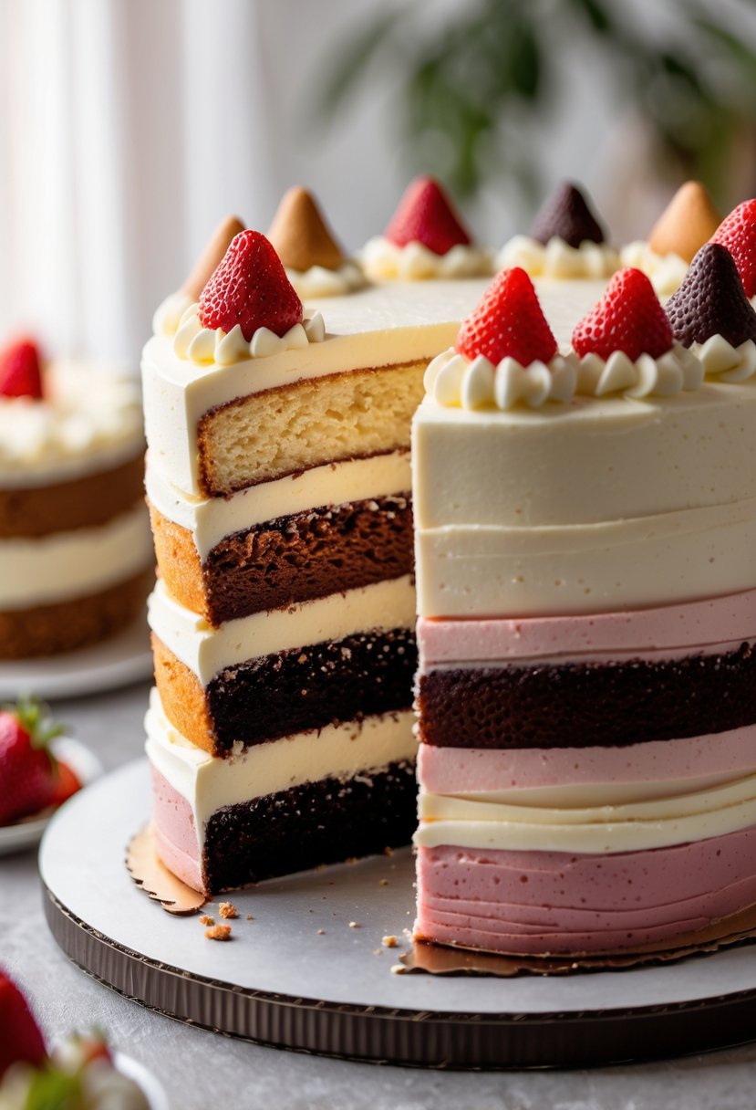 A multi-layered birthday cake with different flavored layers and frosting between each layer, partially sliced to show the inside.
