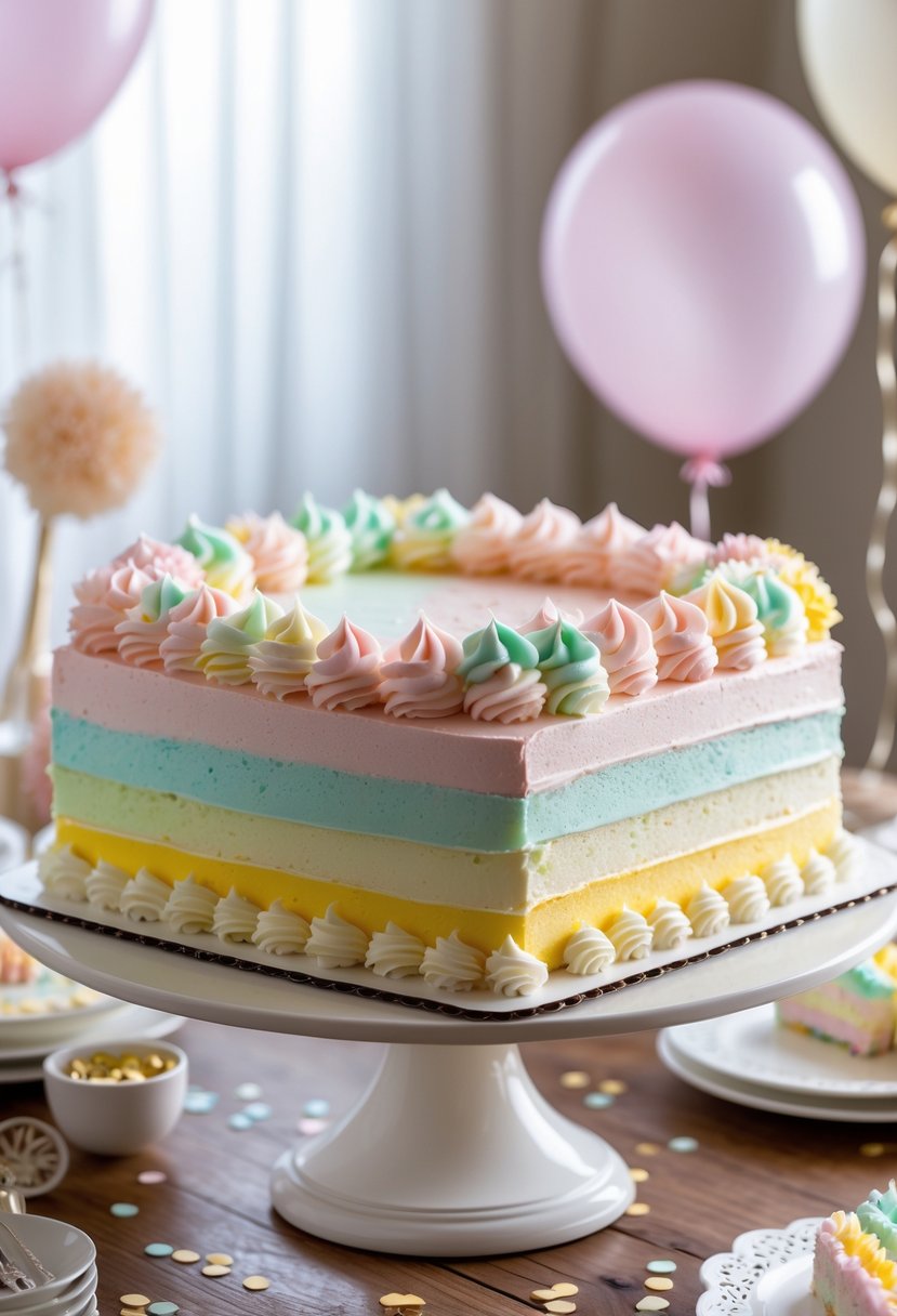 A buttercream ombre sheet cake decorated with piped flowers on a cake stand, surrounded by party decorations.