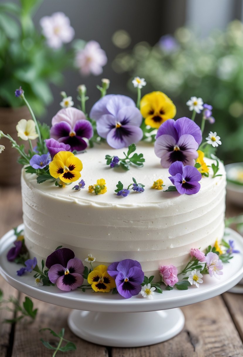 A birthday cake decorated with colorful edible flowers on a white cake stand on a wooden table.