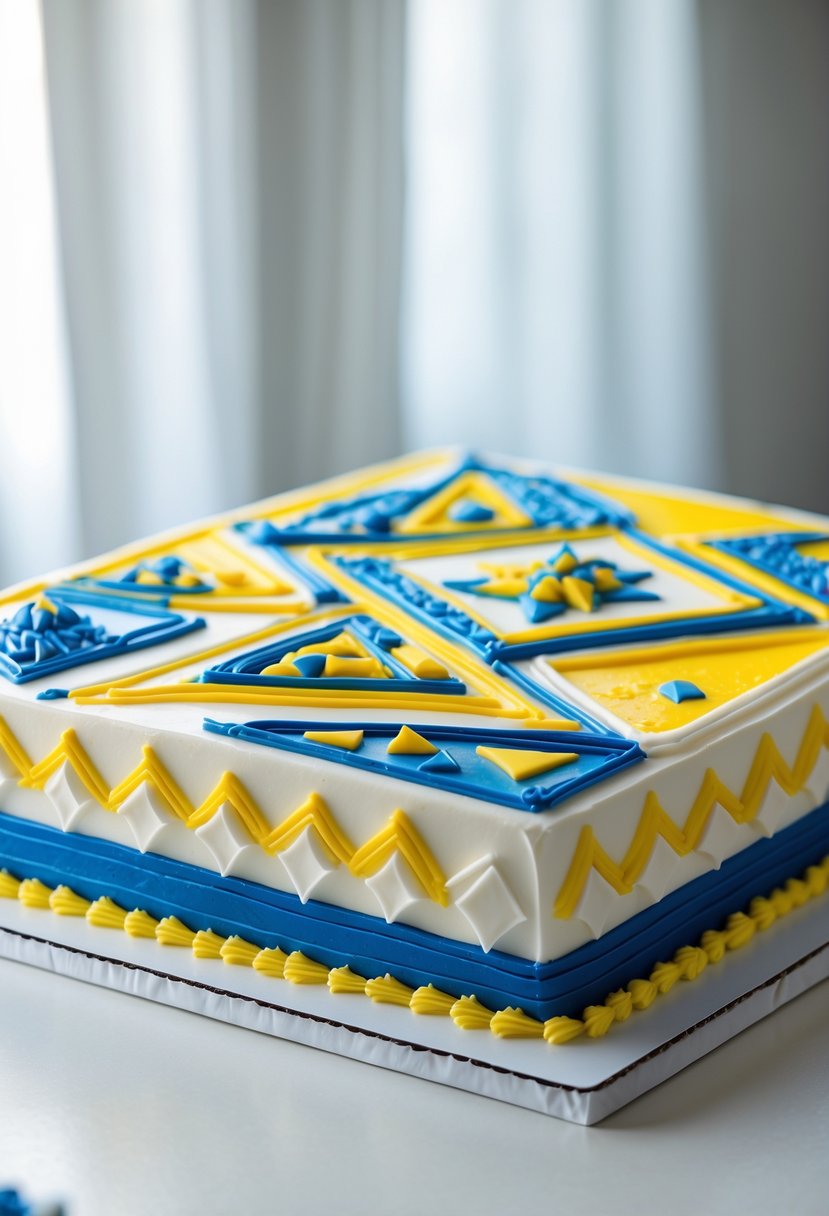 A rectangular sheet cake decorated with colorful geometric patterns on a white surface.