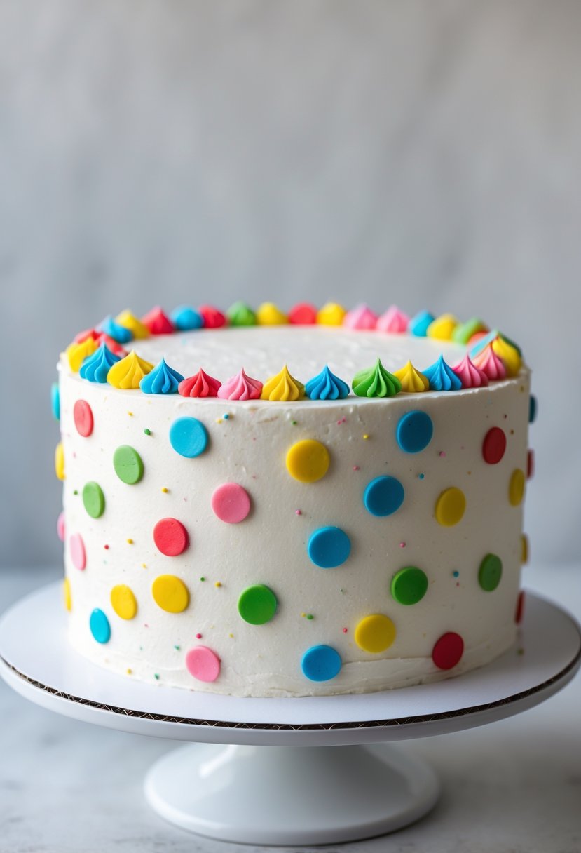 A birthday cake decorated with colorful buttercream dots on a white cake stand.