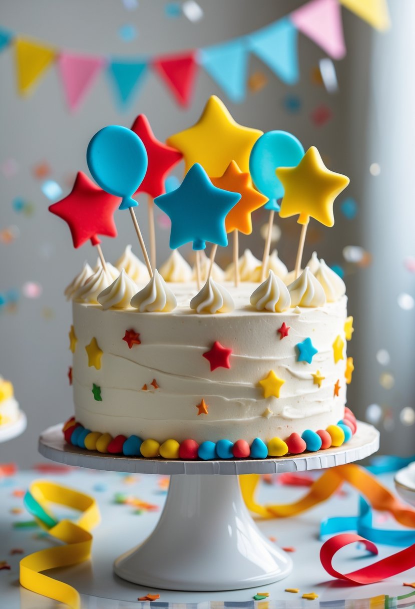 A birthday cake decorated with colorful fondant cut-outs in various festive shapes on a white cake stand.