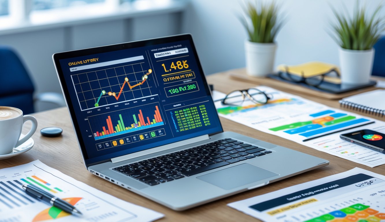 Sebuah meja kerja dengan laptop yang menampilkan grafik statistik dan data angka, dikelilingi oleh kertas berisi tabel dan grafik, serta ponsel yang menunjukkan aplikasi prediksi angka togel.