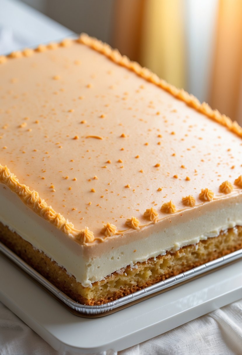 A light orange sheet cake with speckled frosting on a white surface, ready for a party.