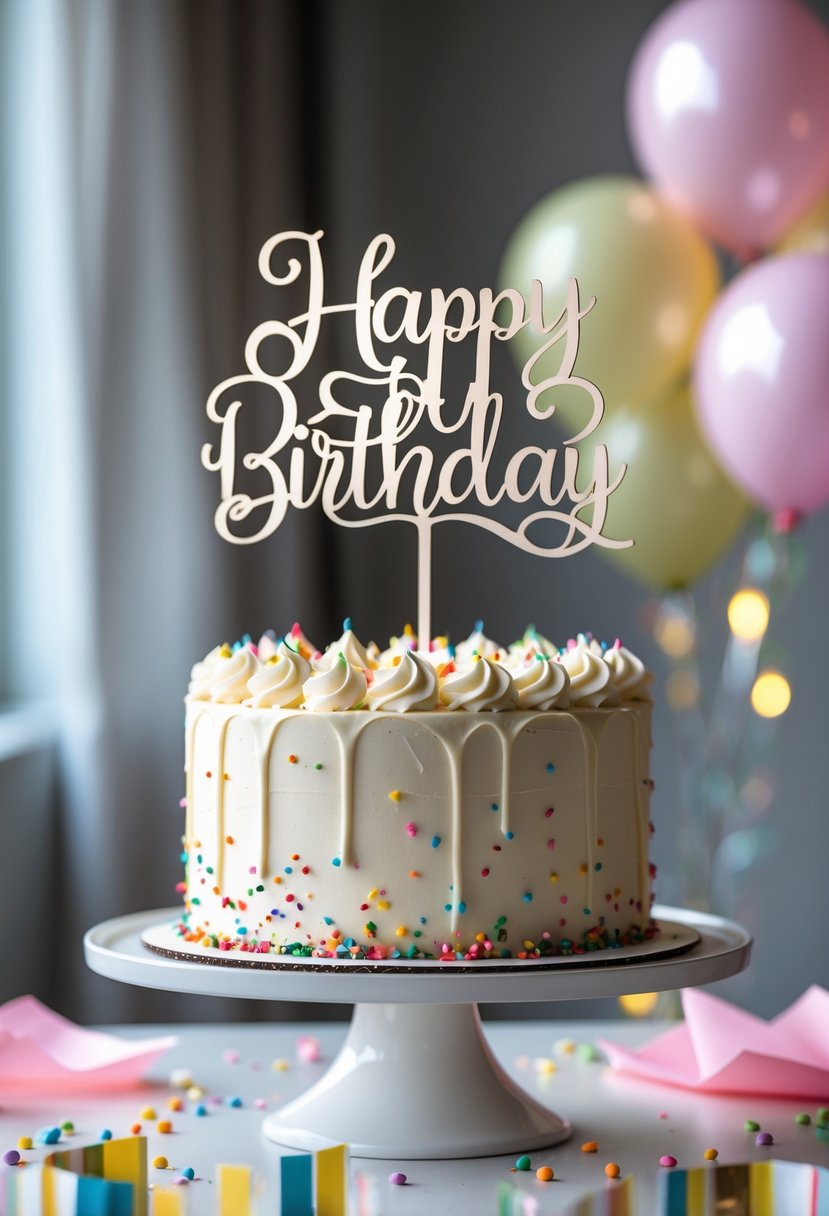 A decorated birthday cake with a personalized paper or acrylic cake topper on a table with birthday decorations in the background.