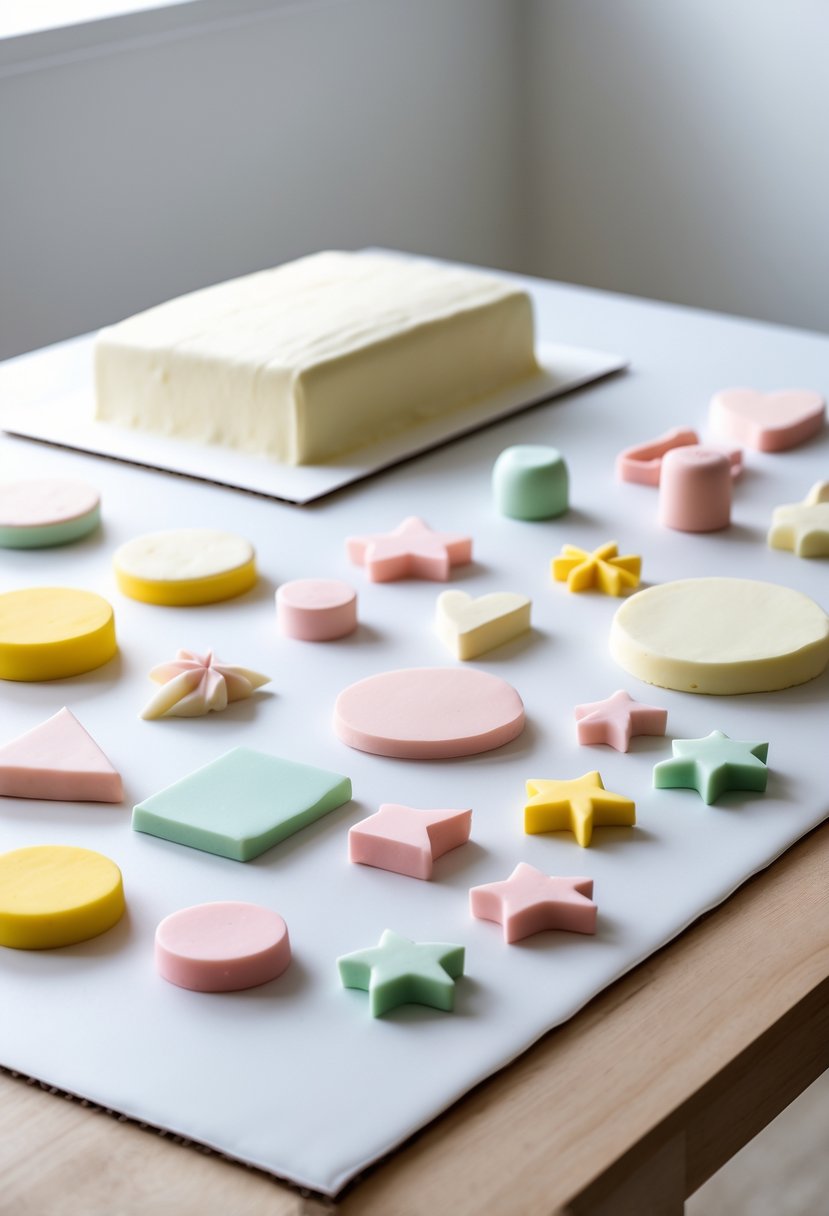 A workspace with pastel-colored fondant shapes arranged on a wooden surface and a partially decorated sheet cake in the background.