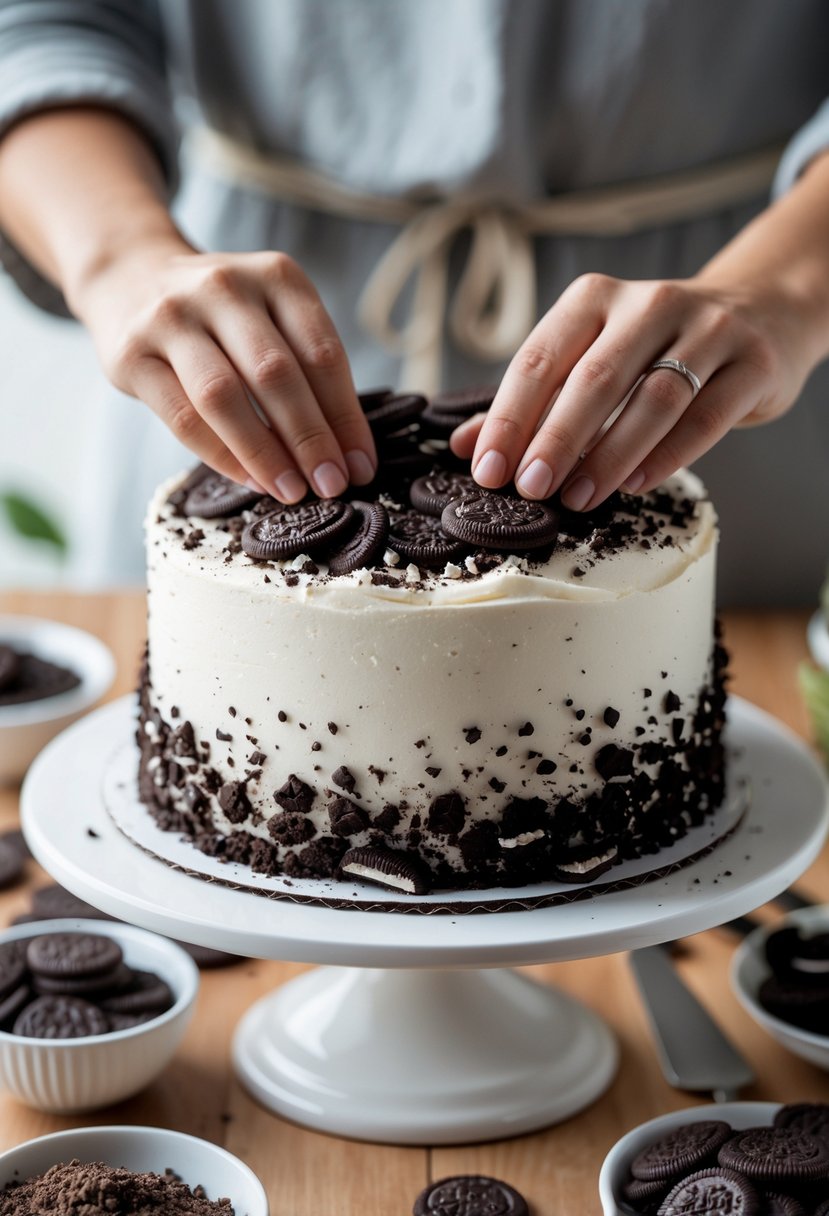 Close-up of hands applying crushed cookies to the sides of a frosted birthday cake on a table.
