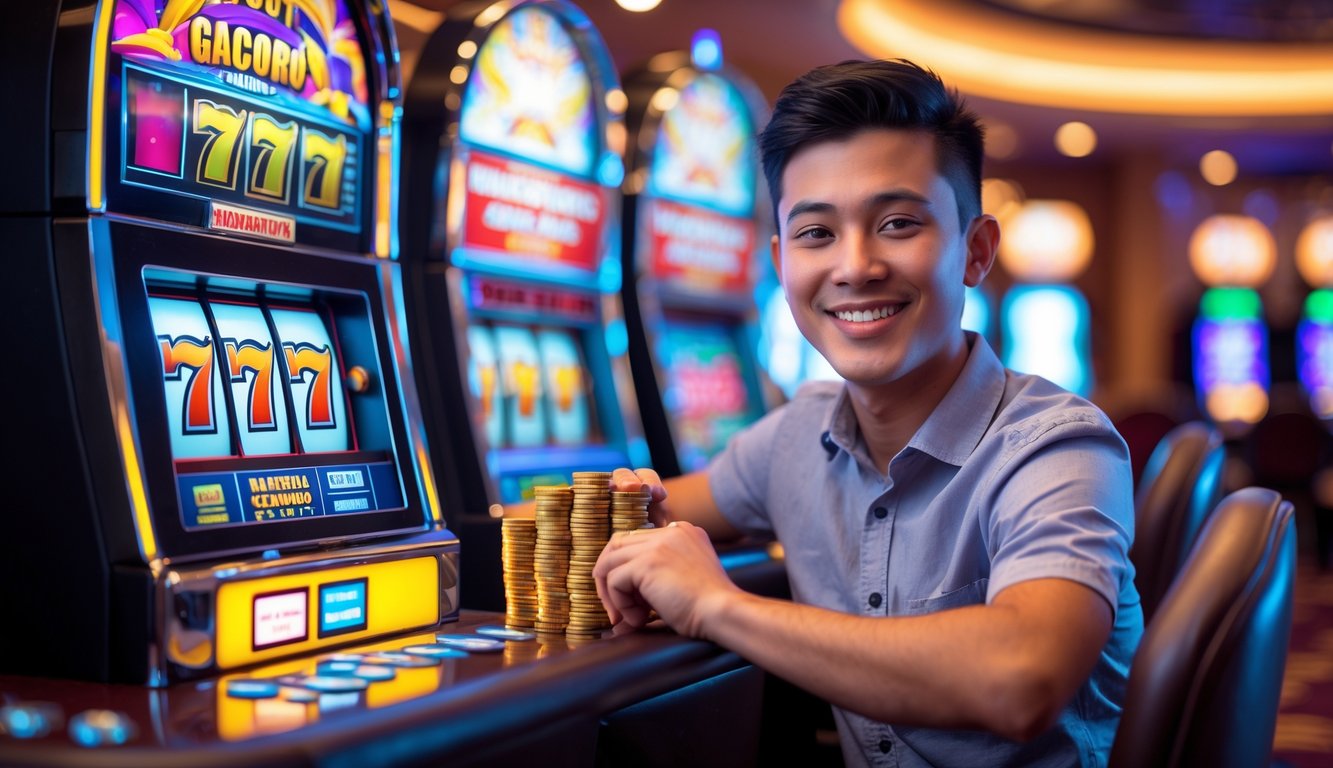 Seorang pemain muda tersenyum di depan mesin slot berwarna cerah di dalam kasino yang ramai.