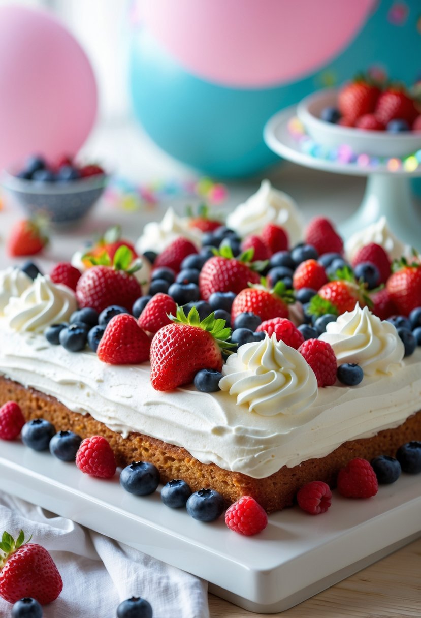 A sheet cake topped with whipped cream and a variety of fresh berries on a white platter on a wooden table.