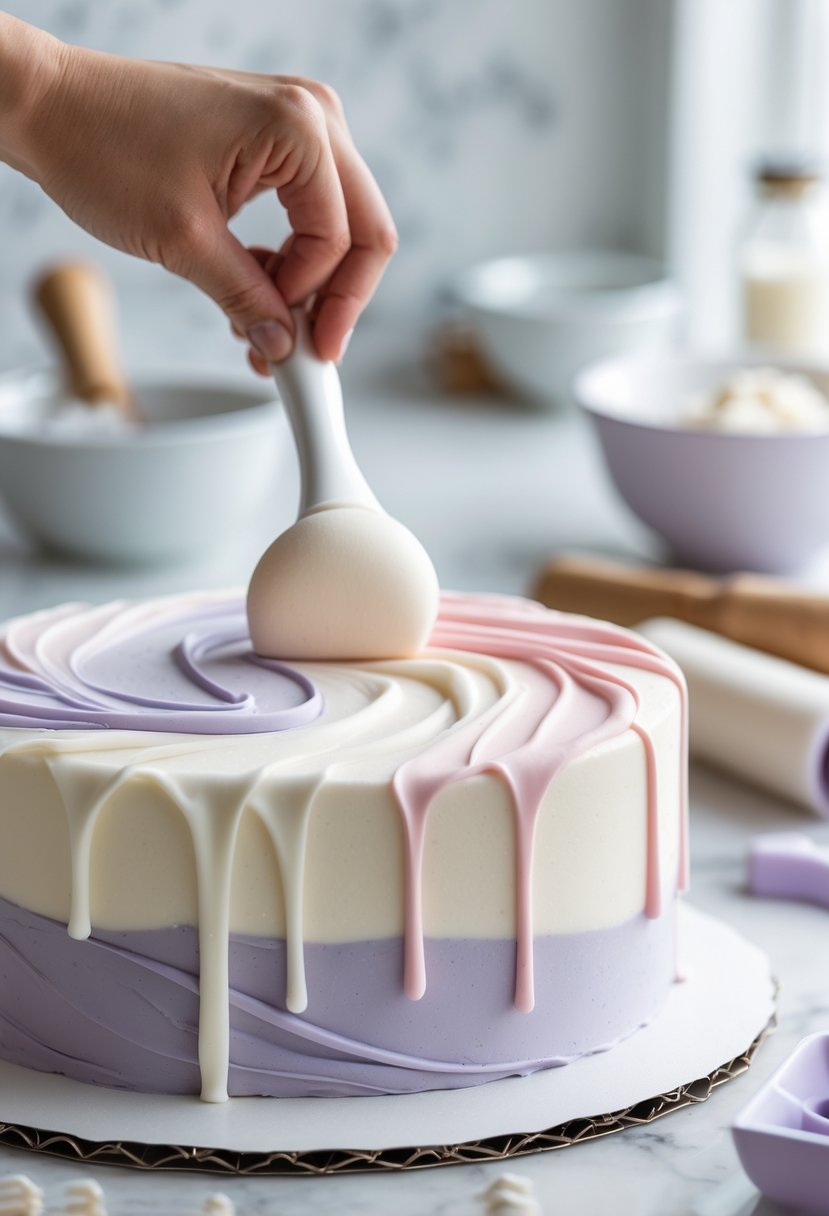 A person decorating a birthday cake with marbled fondant in a bright kitchen.