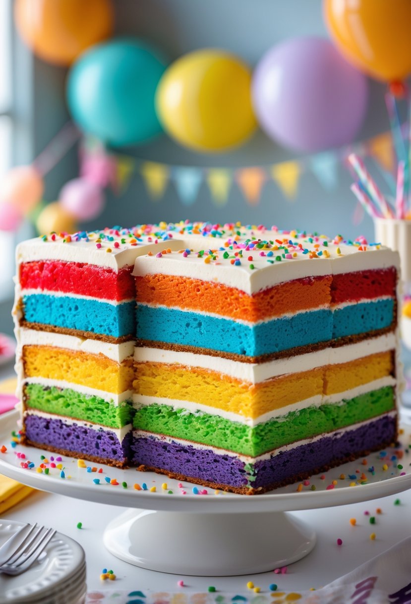 A colorful rainbow layer sheet cake sliced on a white platter with party decorations in the background.