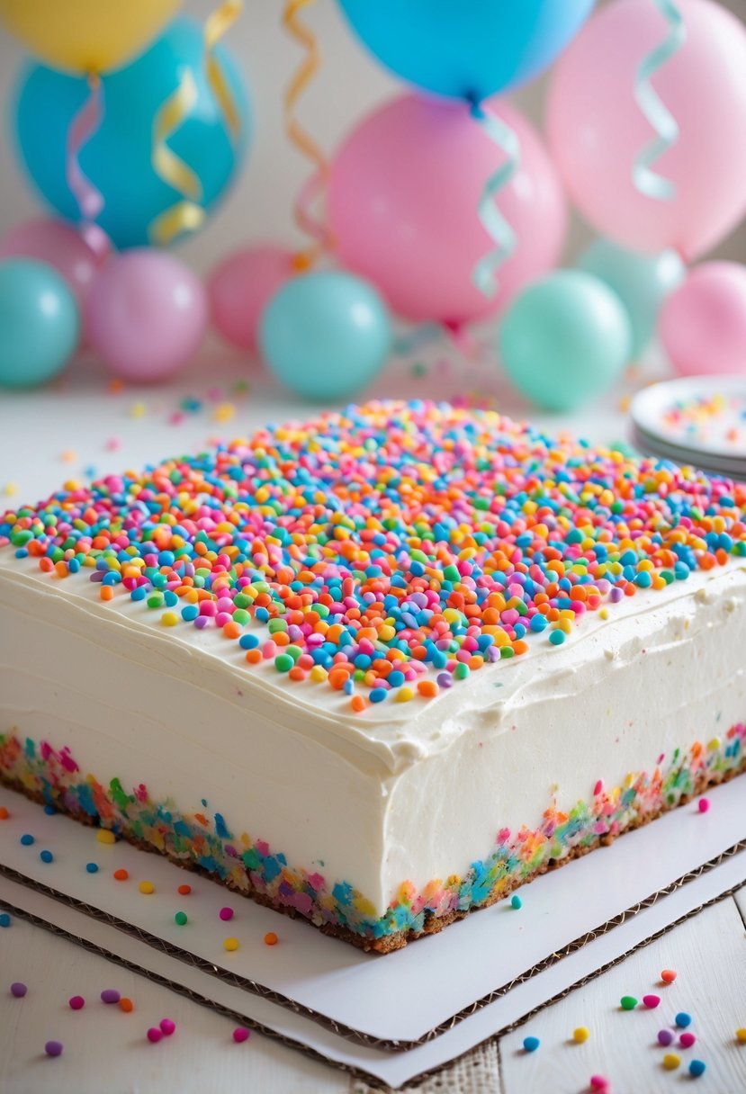 A rectangular sheet cake with white frosting covered in colorful confetti sprinkles on a wooden table with blurred party decorations in the background.
