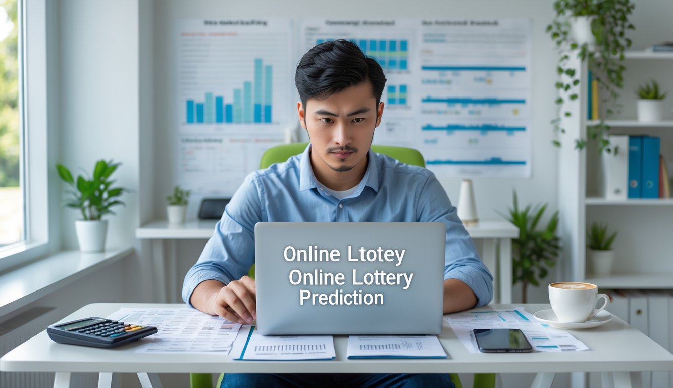 Seorang dewasa muda duduk di meja kerja dengan laptop dan catatan, fokus menganalisis data di ruang kerja yang terang dan rapi.